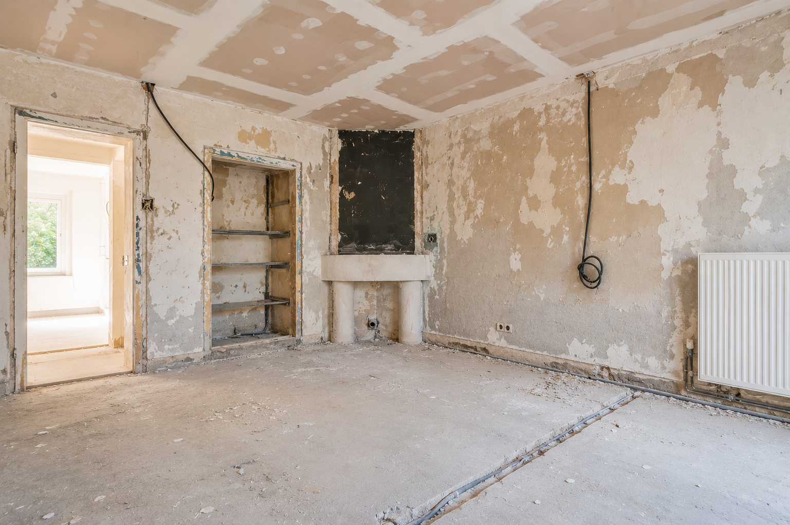 Entkerntes Wohnzimmer vor den Malerarbeiten